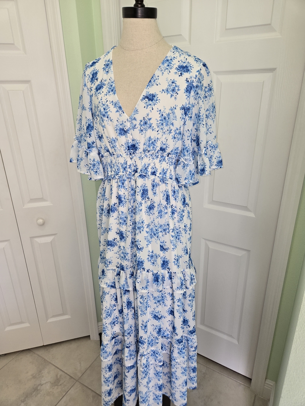 Flying Tomato Cottage White Maxi Dress with Blue Floral Print Prairie Farmhouse